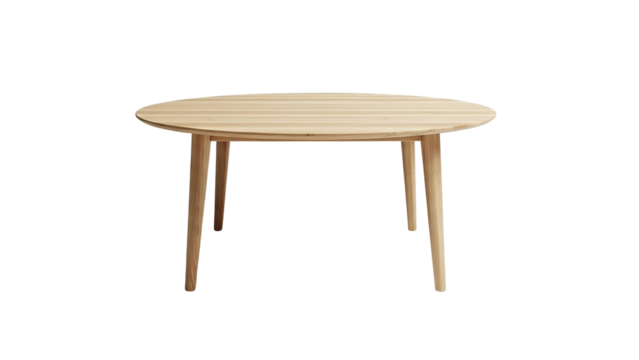 Simple oval wooden dining table stands isolated against a deep black background