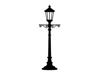 Silhouette of an ornate street lamp against a stark white backdrop