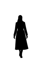 Silhouette of a woman wearing a long coat, walking forward. The figure is black against a stark white background