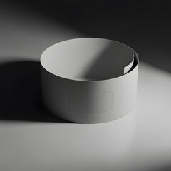 A minimalist, monochromatic studio shot of a white cylindrical band or roll with a rectangular label area, dramatically lit with strong shadows.