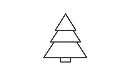 Simple, line-art illustration of a stylized evergreen tree, featuring three triangular tiers atop a rectangular base
