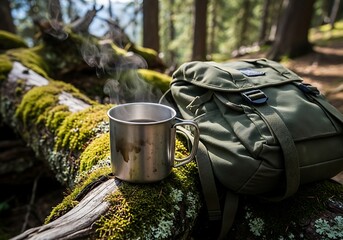 Fototapeta premium Backpacker stainless steel mug in forest, hiking gear
