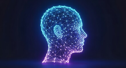 Artificial Intelligence Concept Showing Human Head with Neural Network Mesh Technology Connecting Dots as Nodes Representing Brain Processes on Dark Background with Dramatic Lighting
