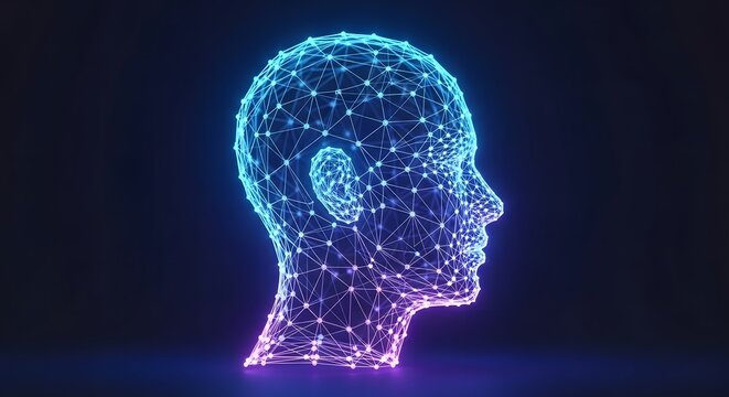 Artificial Intelligence Concept Showing Human Head with Neural Network Mesh Technology Connecting Dots as Nodes Representing Brain Processes on Dark Background with Dramatic Lighting