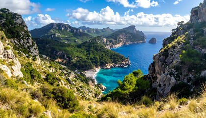 Panoramic View of Cala Figuera Beach and Bay in Mallorca, Spain, with Lush Green Mountains and Turquoise Mediterranean Sea.