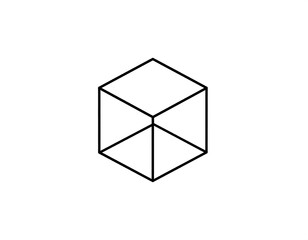 Simple, three-dimensional geometric shape depicted with black lines. Represents a cube floating on a white background