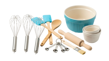 Assortment of essential metal and wooden implements arranged against a solid dark background