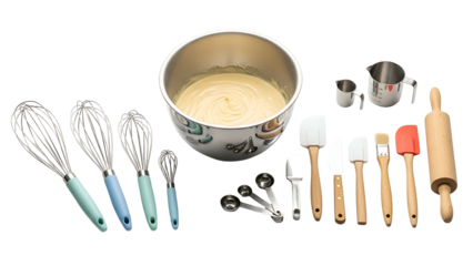 Assortment of stainless steel and wooden baking utensils displayed with batter in a mixing bowl