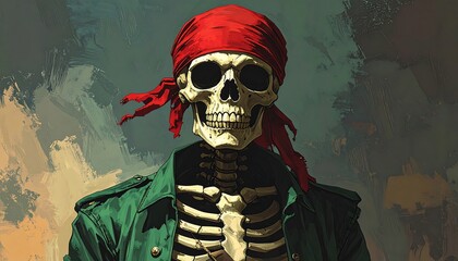 Skeleton Pirate Wearing Red Bandana and Green Jacket.