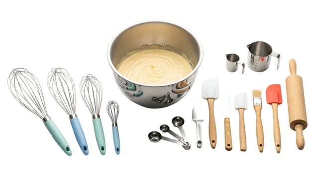 Assortment of stainless steel and wooden baking utensils displayed with batter in a mixing bowl