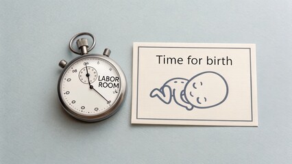 Stopwatch marking labor time beside baby icon and text card