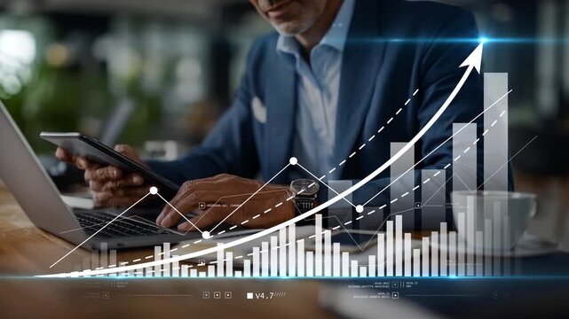 A businessman analyzes a growing financial graph on a laptop, symbolizing success and investment in the stock market