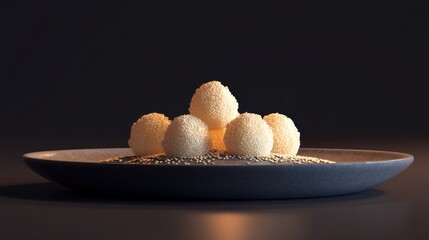 Close up of dessert balls arranged on a plate with seeds against dark backdrop