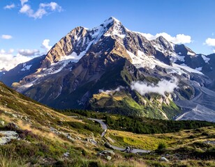 A majestic snow-capped mountain dominates the scene, with a winding road leading towards its base in a picturesque landscape