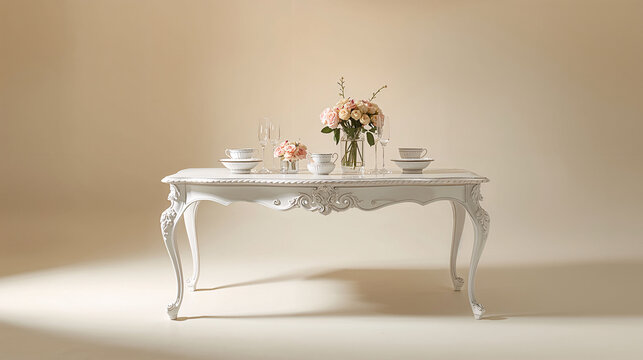 Timeless white farmhouse table displays exquisite dining touches harmonizing with warm ivory environment dining room interior design and texture wallpaper background suitable for template