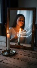 A woman gazes at her reflection in a mirror with a lit candle and swirling smoke creating a mysterious and contemplative atmosphere in a dimly lit room