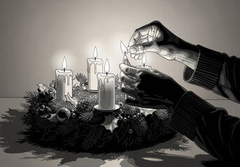 Black and white image of hands lighting candles on a Christmas Advent wreath.