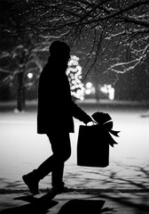 A dark silhouette of a person walking through the snow at night carrying a gift bag.