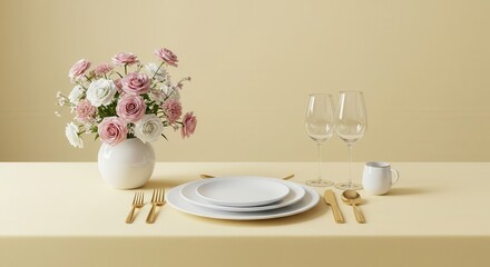 Elegant table setting featuring a blush pink and white floral centerpiece with golden cutlery