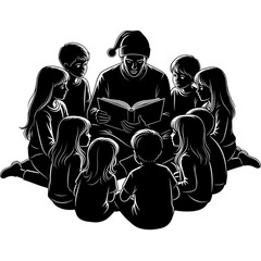 Man in a nightcap reading a bedtime story to a circle of children.