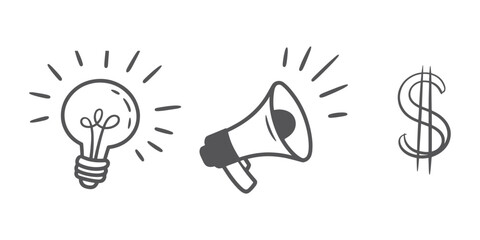 Doodle style icons representing idea promotion and profit simple vector illustration for business and marketing concepts isolated on white background