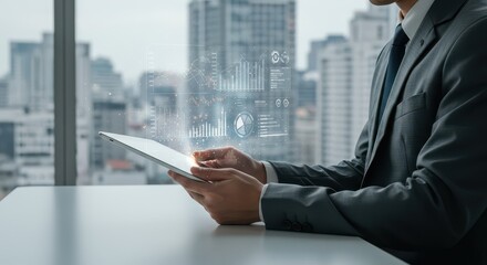 Business professional interacts with holographic financial data displayed above a handheld digital device