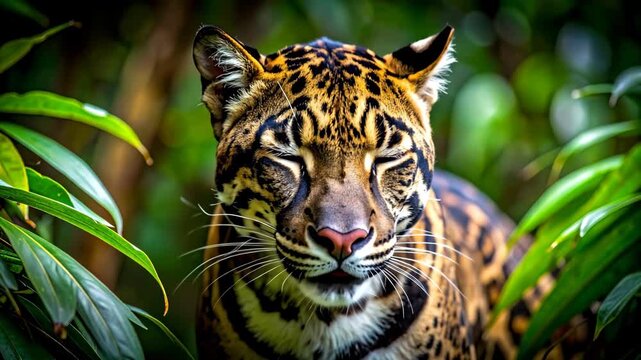 Clouded Leopard Close Up Portrait in Lush Green Jungle Environment.