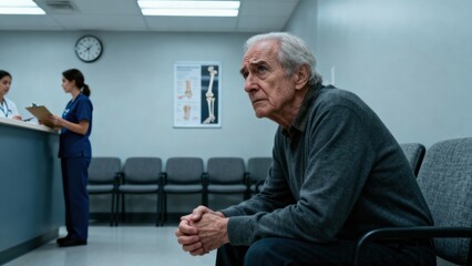 A man waits anxiously in a medical office as staff attend to paperwork nearby.