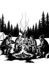 Five friends in winter clothing gathered around a glowing campfire.