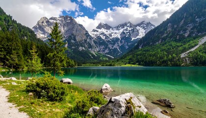 Stunning Alpine Lake with Emerald Waters and Majestic Snow-Capped Mountains Under a Dramatic Sky.