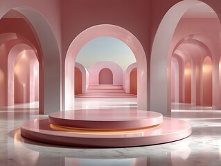 Minimalist Two-Tiered Circular Pink Display Podium with Gothic Arches Background, Soft Ambient Lighting 3D Render