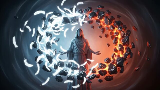 Spiritual journey with figure balancing light and dark energy, showcasing harmony and balance in life's duality