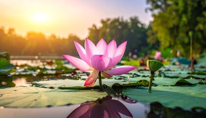 A radiant pink lotus flower blooms gracefully on a lily pad-filled pond, backlit by a vibrant, golden sunset. Soft greens and tranquil water create serenity