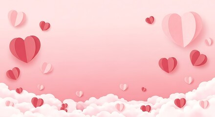 Romantic Paper Hearts Floating in a Dreamy Pink Sky with Soft White Clouds for Valentines Day Celebration and Love Concepts Design for Wallpapers and Greeting Cards