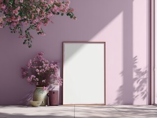 Minimalist scene with pink flowers, vase, and blank frame on pastel wall