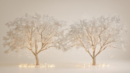 Fototapeta premium Two decorative trees with white foliage and soft lighting on a neutral background