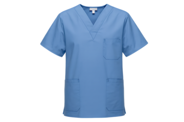 Blue medical scrub shirt a short-sleeved uniform with pockets isolated on a white background for healthcare professionals