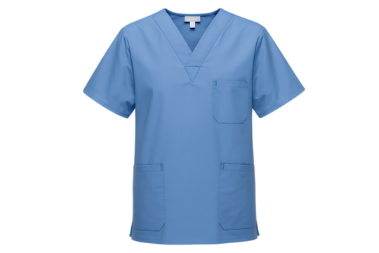 Blue medical scrub shirt a short-sleeved uniform with pockets isolated on a white background for healthcare professionals