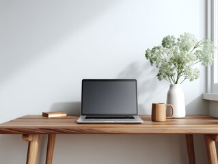 Minimalist Workspace: Laptop, Flowers, and Wooden Accents on Desk