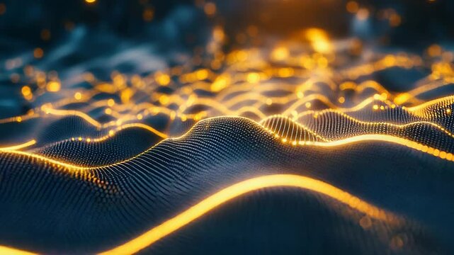 Data particles forming glowing digital wave network - Powered by Adobe