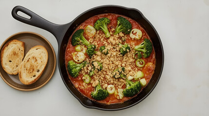 Baked Vegetable Dish with Broccoli, Leeks, and Tomato Sauce in Cast Iron Skillet 