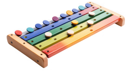Close up of a colorful xylophone with wooden frame and round pegs on a black studio background