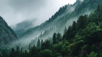 Misty Mountain Forest Landscape with Dense Green Trees