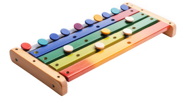 Close up of a colorful xylophone with wooden frame and round pegs on a black studio background