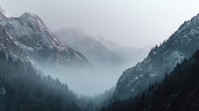 Misty mountain range with snow-covered peaks and a deep forested valley. - Powered by Adobe