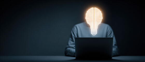 A glowing lightbulb brain illuminating an individual deeply focused on a laptop, symbolizing the brilliance of innovation, creative intelligence, and problem-solving in the digital age