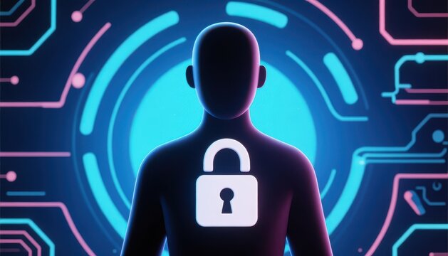 cyber privacy rights padlock security concept. Digital silhouette with a lock symbol, representing cybersecurity concepts.