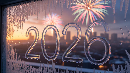 Frosted Window with 2026 and Fireworks – Urban Sunset Celebration Scene Welcoming the New Year happy new year