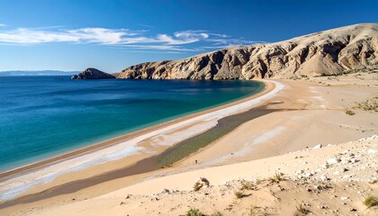 Scenic coastal landscape with beach, ocean, and cliffs under blue sky.