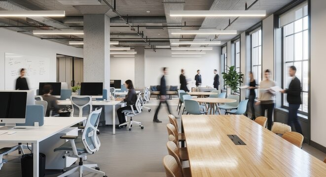 Dynamic office space showcasing teamwork and modern design elements